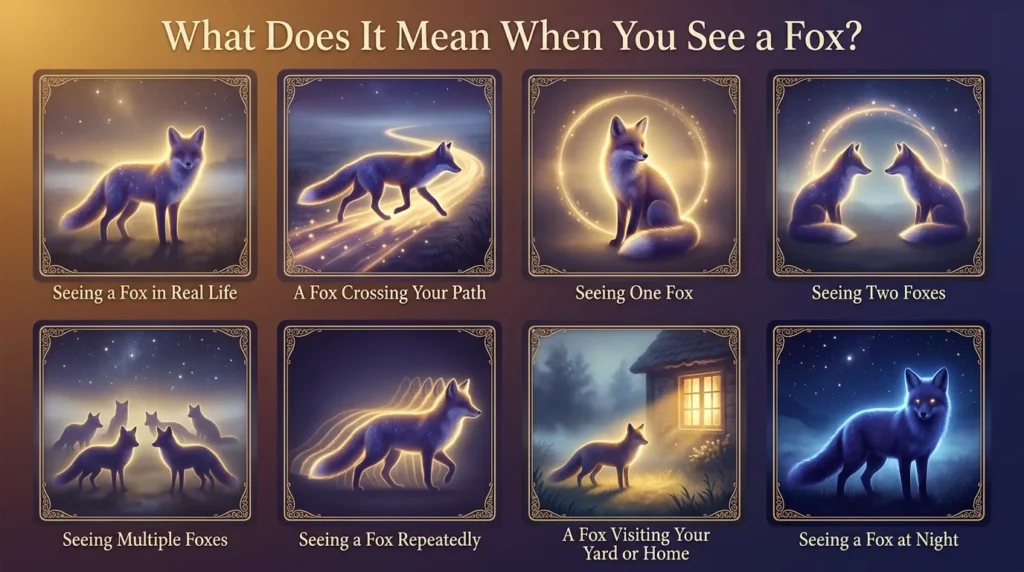 Infographic of eight fox sighting meanings: seeing a fox in real life, a fox crossing your path, seeing one fox, seeing two foxes, seeing multiple foxes, seeing a fox repeatedly, a fox visiting your yard or home, and seeing a fox at night