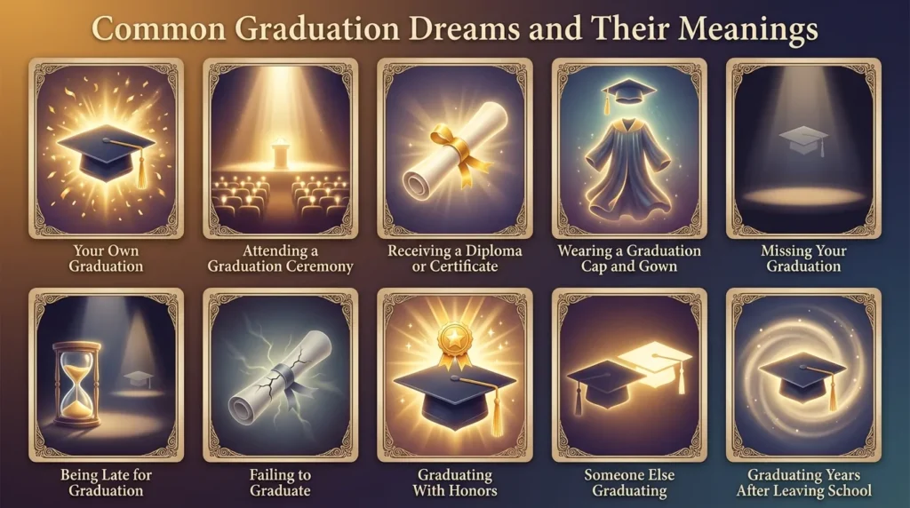 Infographic of ten graduation dream scenarios: your own graduation, attending a graduation ceremony, receiving a diploma or certificate, wearing a graduation cap and gown, missing your graduation, being late for graduation, failing to graduate, graduating with honors, someone else graduating, and graduating years after leaving school