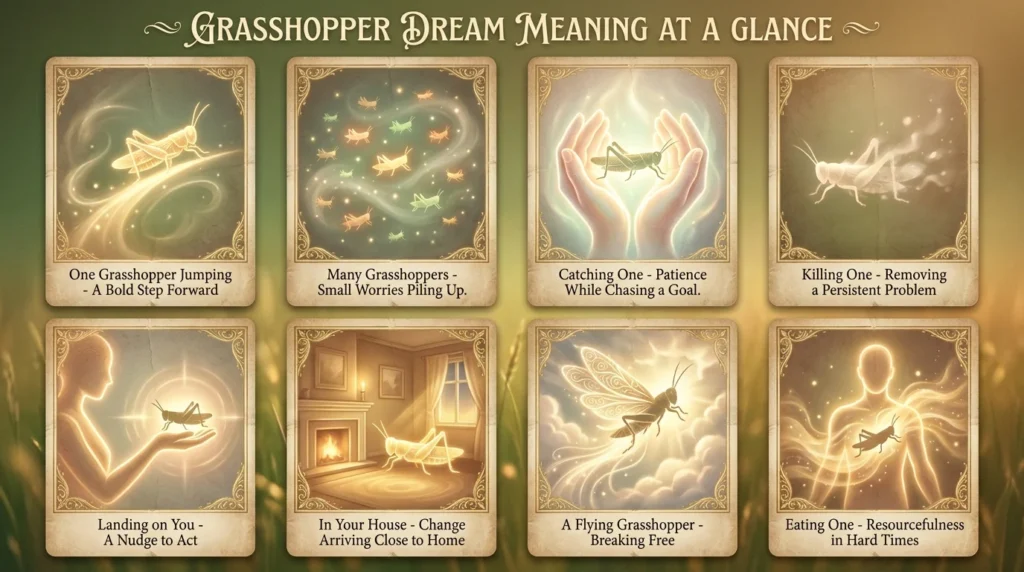 Infographic titled "Grasshopper Dream Meaning at a Glance" with eight panels showing symbolic light imagery for a single jumping grasshopper, many grasshoppers, catching one, killing one, one landing on you, one in your house, a flying grasshopper, and eating one