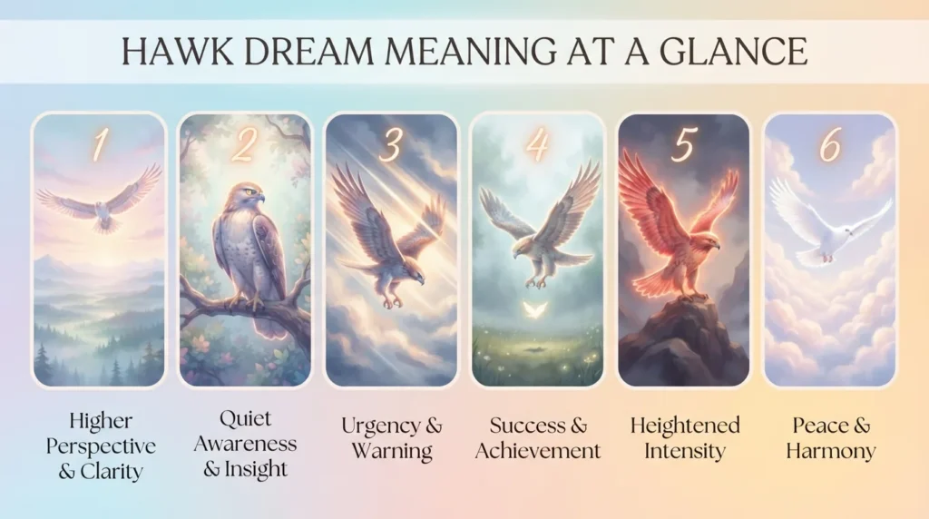 Infographic of six hawk dream meanings: a hawk soaring or flying high is rising above a situation to see it clearly, a hawk watching you is awareness of something overlooked, a hawk attacking or diving is a warning to pay closer attention, a hawk catching prey is success or achieving a goal, a red tailed hawk is heightened intensity, and a white hawk is peace and harmony