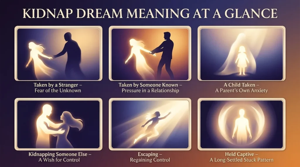 Infographic showing six kidnap dream scenarios and meanings: taken by a stranger, taken by someone known, a child taken, kidnapping someone else, escaping, and held captive