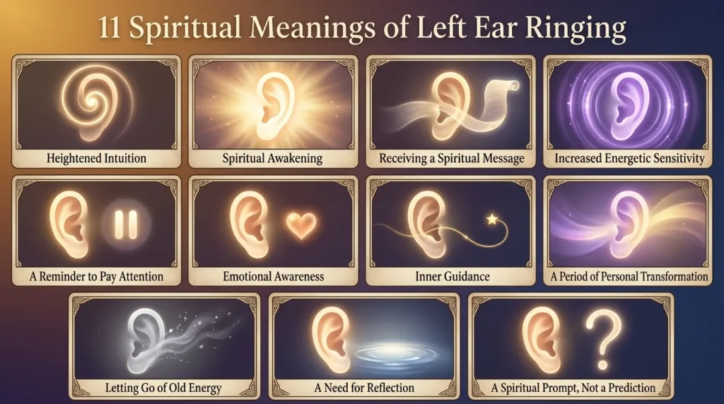 Infographic of eleven spiritual meanings of left ear ringing: heightened intuition, spiritual awakening, receiving a spiritual message, increased energetic sensitivity, a reminder to pay attention, emotional awareness, inner guidance, a period of personal transformation, letting go of old energy, a need for reflection, and a spiritual prompt rather than a prediction