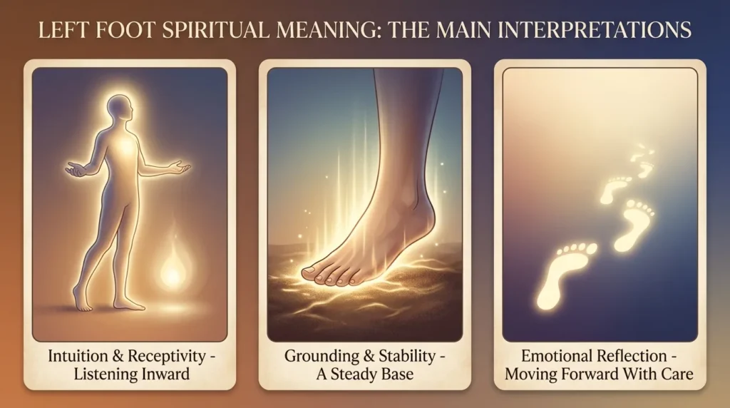 Infographic of three left foot spiritual meanings: intuition and receptivity is listening inward, grounding and stability is a steady base, and emotional reflection is moving forward with care