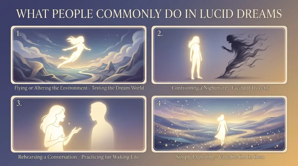 Infographic showing four common lucid dreaming activities: flying or altering the environment, confronting a nightmare, rehearsing a conversation, and simply exploring