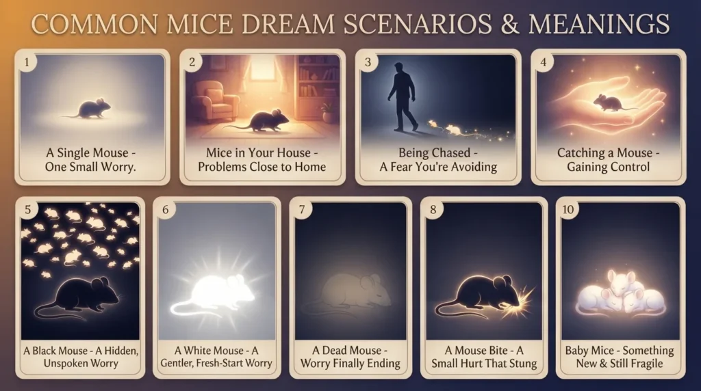Infographic showing nine common mice dream scenarios and meanings: a single mouse, mice in your house, being chased, catching a mouse, a black mouse, a white mouse, a dead mouse, a mouse bite, and baby mice