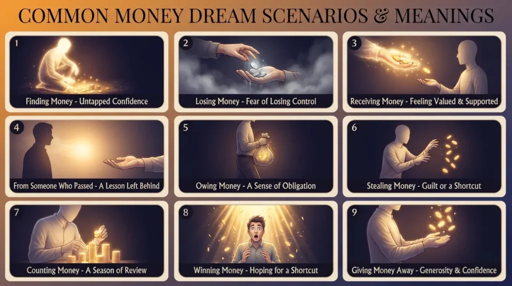 Infographic showing nine common money dream scenarios and meanings: finding money, losing money, receiving money, receiving money from someone who passed away, owing money, stealing money, counting money, winning money, and giving money away