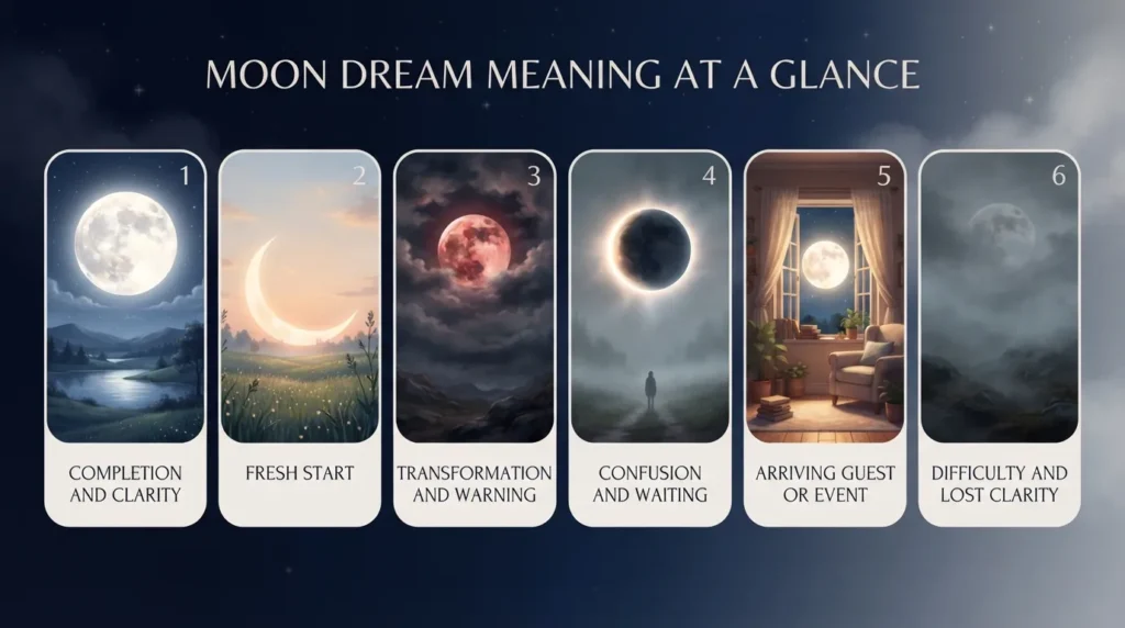 Infographic of six moon dream meanings by phase: a full moon is completion and clarity, a new or crescent moon is a fresh start, a blood or red moon is transformation and warning, a lunar eclipse is confusion and waiting, the moon inside your house is an arriving guest or event, and a dark or fading moon is difficulty and lost clarity