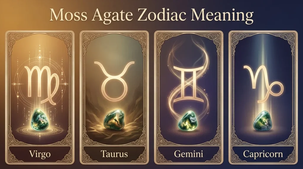 Infographic of four zodiac signs associated with moss agate: Virgo, Taurus, Gemini, and Capricorn