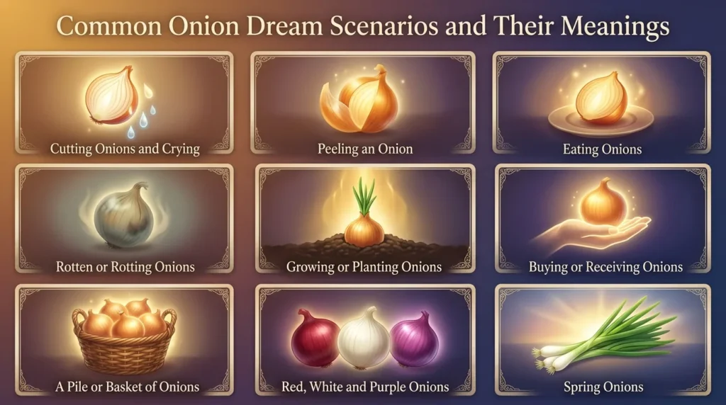 Infographic of nine onion dream scenarios: cutting onions and crying is emotional release, peeling an onion is reaching a core truth, eating onions is nourishment and self care, rotten or rotting onions is something left too long, growing or planting onions is patience and steady development, buying or receiving onions is facing emotional work, a pile or basket of onions is abundance or stacked issues, red white and purple onions carry different tones, and spring onions signal renewal