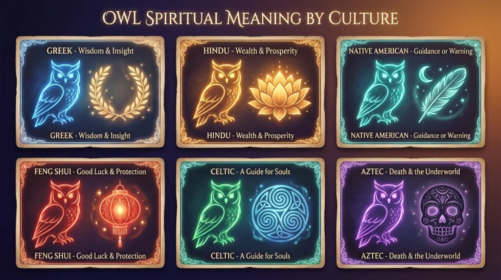 Infographic titled "Owl Spiritual Meaning by Culture" with six panels showing symbolic imagery for Greek, Hindu, Native American, Feng Shui, Celtic, and Aztec owl traditions
