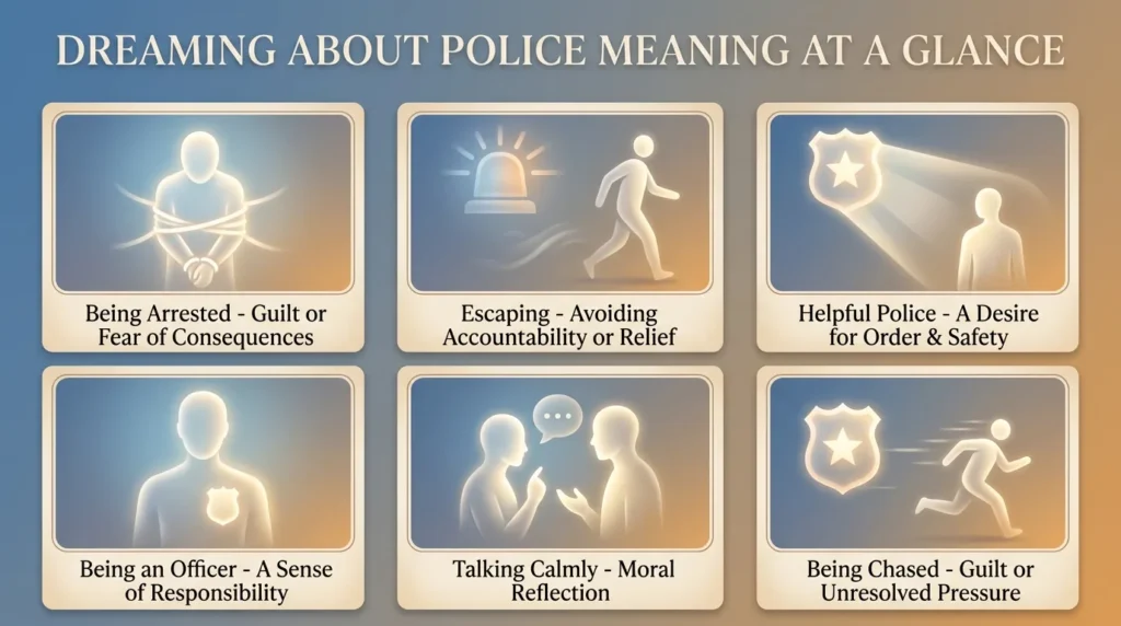 Infographic of six police dream meanings: being arrested is guilt or fear of consequences, escaping is avoiding accountability or relief, helpful police is a desire for order and safety, being an officer yourself is a sense of responsibility, talking calmly is moral reflection, and being chased is guilt or unresolved pressure