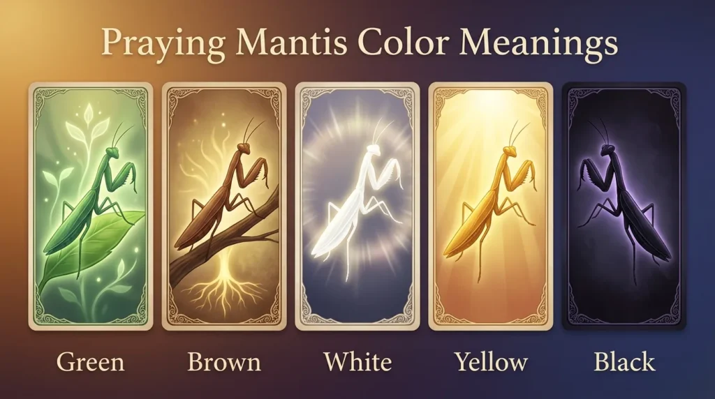 Infographic of five praying mantis color meanings: green is growth healing and a fresh start, brown is grounding and practical decisions, white is a strong spiritual message, yellow is optimism and good news, and black is mystery and hidden transitions