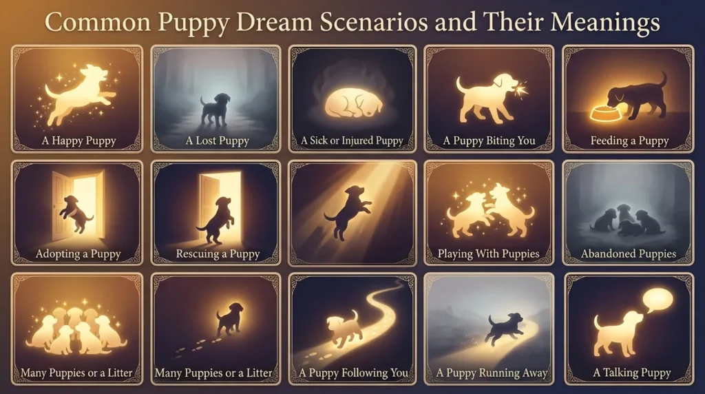 Infographic of puppy dream scenarios: a happy puppy, a lost puppy, a sick or injured puppy, a puppy biting you, feeding a puppy, adopting a puppy, rescuing a puppy, playing with puppies, abandoned puppies, many puppies or a litter, a puppy following you, a puppy running away, and a talking puppy