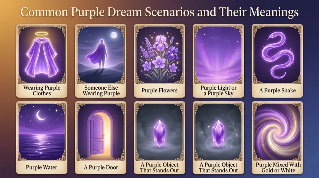 Infographic of ten purple dream scenarios: wearing purple clothes is identity and inner authority, someone else wearing purple is a mentor or guide, purple flowers is gentle spiritual growth, purple light or a purple sky is spiritual awareness, a purple snake is transformation, purple water is emotional depth, a purple door is a new season, a purple object that stands out is a focused message, and purple mixed with gold or white is a rich season of growth