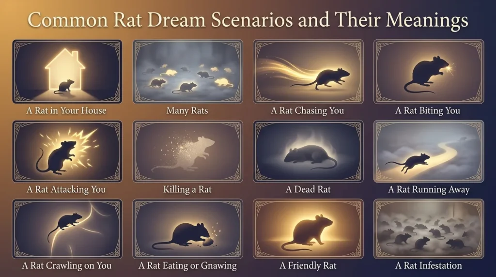 Infographic of rat dream scenarios: a rat in your house, many rats, a rat chasing you, a rat biting you, a rat attacking you, killing a rat, a dead rat, a rat running away, a rat crawling on you, a rat eating or gnawing, a friendly rat, and a rat infestation