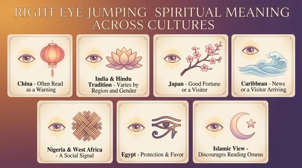 Infographic showing right eye twitching meanings across seven cultures: China, India and Hindu tradition, Japan, Caribbean, Nigeria and West Africa, Egypt, and the Islamic view