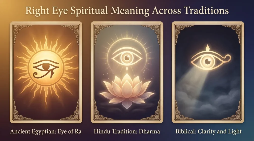 Infographic titled Right Eye Spiritual Meaning Across Traditions, showing three panels: Ancient Egyptian Eye of Ra, Hindu tradition Dharma, and Biblical clarity and light