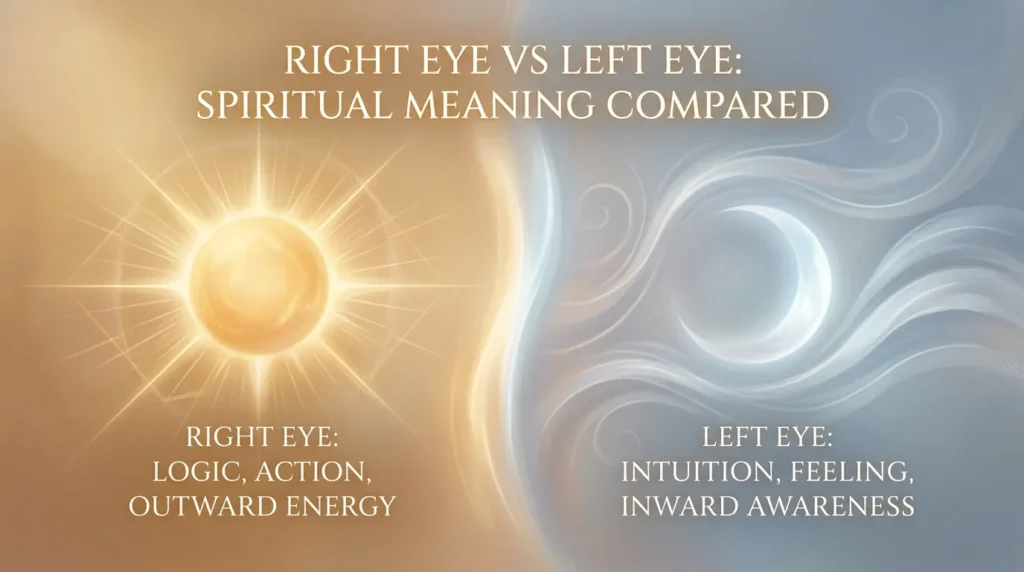 Infographic comparing the spiritual meaning of the right eye versus the left eye: the right eye linked to logic, action, and outward energy shown as a glowing sun, and the left eye linked to intuition, feeling, and inward awareness shown as a crescent moon