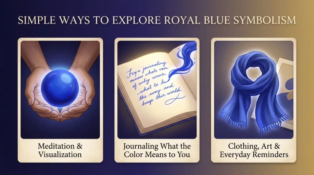 Infographic of three ways to explore royal blue symbolism: meditation and visualization, journaling what the color means to you, and clothing, art and everyday reminders