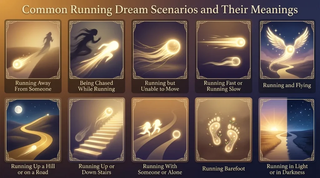 Infographic of ten running dream scenarios: running away from someone is avoidance, being chased while running is unresolved pressure, running but unable to move is frustration or self doubt, running fast or slow shows urgency or a need to pace yourself, running and flying is freedom and spiritual lift, running up a hill or road is a real challenge, running up or down stairs links to goals, running with someone or alone shows connection or independence, running barefoot is honesty and openness, and running in light or darkness shows clarity or uncertainty