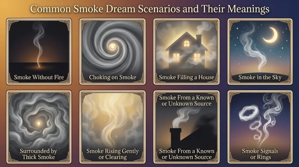 Infographic of eight common smoke dream scenarios: smoke without fire, choking on smoke, smoke filling a house, smoke in the sky, being surrounded by thick smoke, smoke rising gently or clearing, smoke from a known or unknown source, and smoke signals or rings