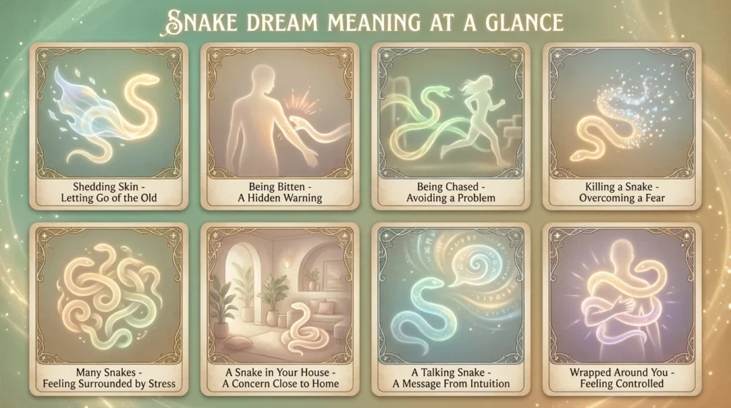 Infographic titled "Snake Dream Meaning at a Glance" with eight panels showing symbolic light imagery for shedding skin, being bitten, being chased, killing a snake, many snakes, a snake in the house, a talking snake, and a snake wrapped around you