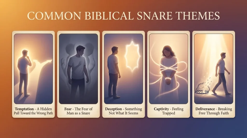 Infographic of five biblical snare themes: temptation is a hidden pull toward the wrong path, fear is the fear of man as a snare, deception is something not what it seems, captivity is feeling trapped, and deliverance is breaking free through faith