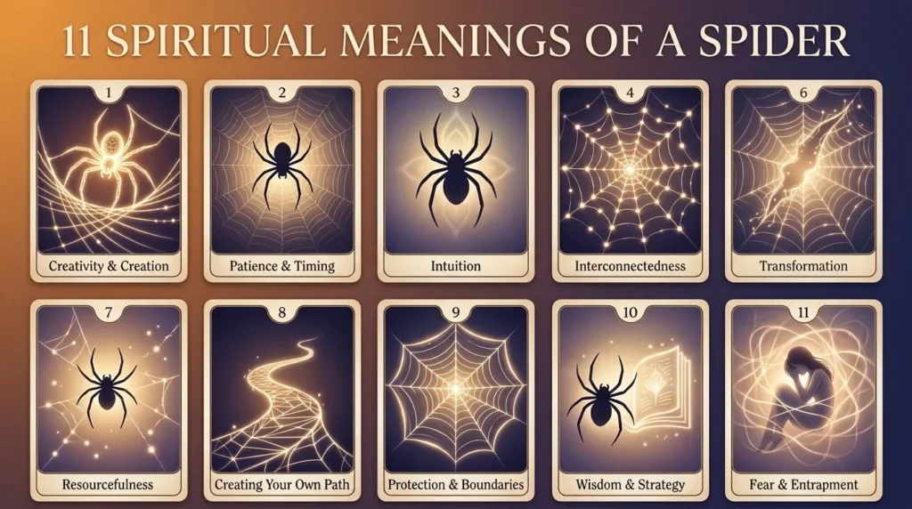 Infographic of eleven spiritual meanings of a spider: creativity and creation, patience and timing, intuition, interconnectedness, personal power, transformation, resourcefulness, creating your own path, protection and boundaries, wisdom and strategy, and fear and entrapment