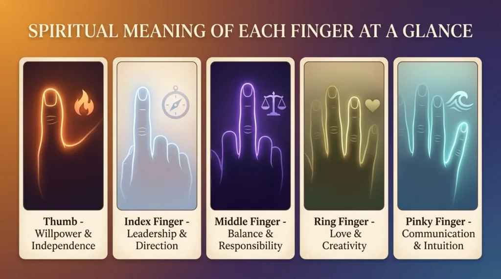 Infographic showing the spiritual meaning of each finger at a glance: thumb for willpower and independence, index finger for leadership and direction, middle finger for balance and responsibility, ring finger for love and creativity, and pinky finger for communication and intuition