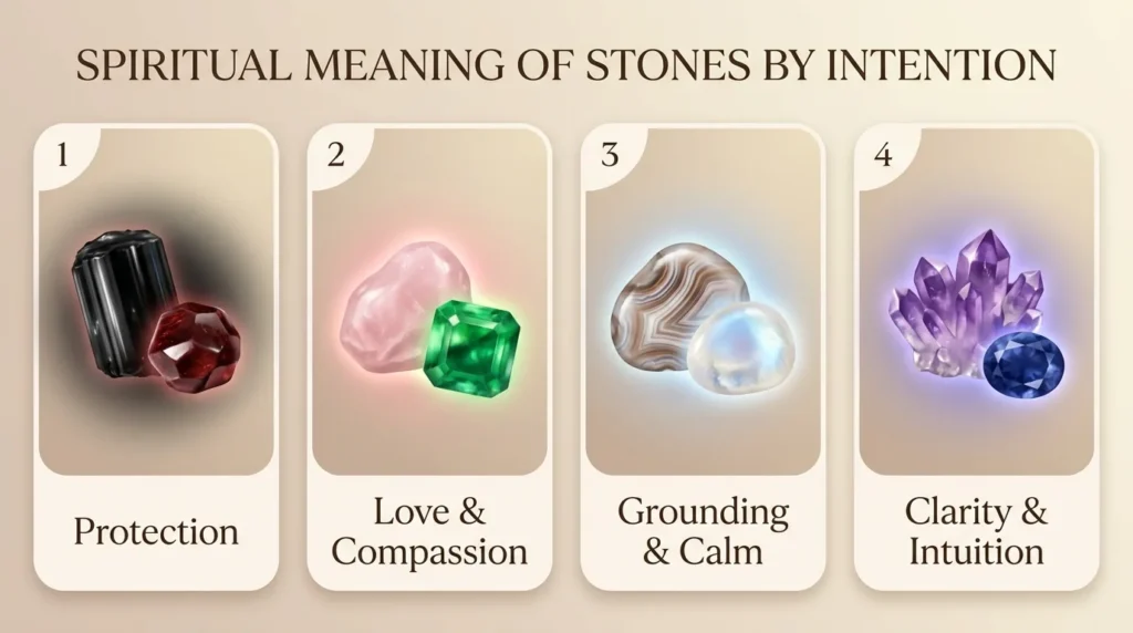 Infographic showing four stone categories by intention: protection stones like black tourmaline and garnet, love and compassion stones like rose quartz and emerald, grounding and calm stones like agate and moonstone, and clarity and intuition stones like clear quartz and amethyst