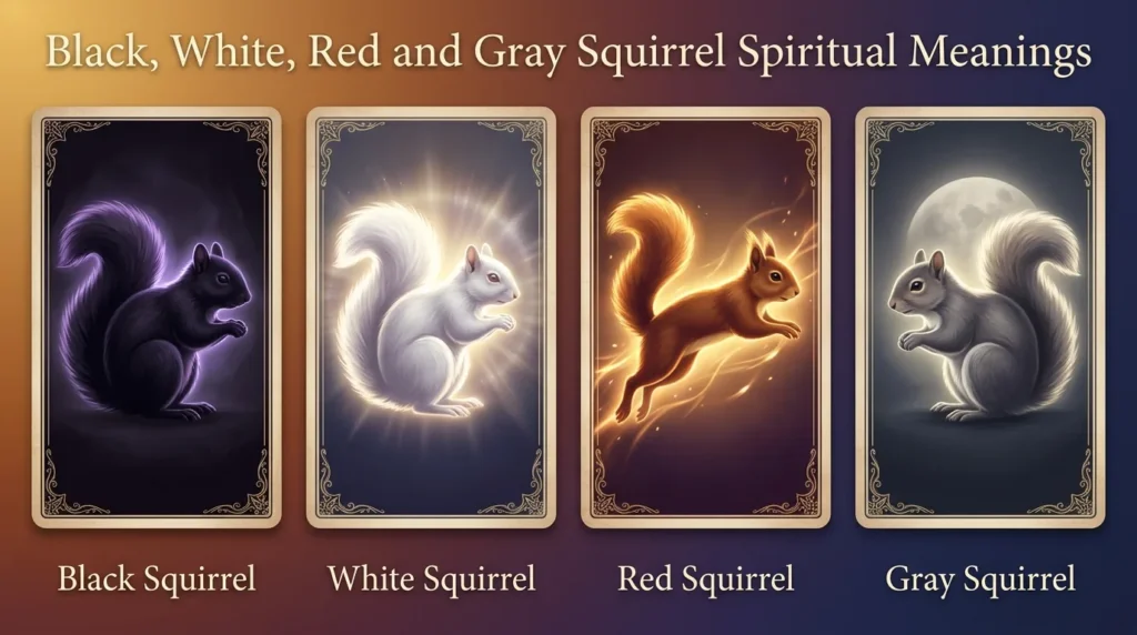 Infographic of four squirrel color meanings: black squirrel is mystery and transformation, white squirrel is rarity and renewal, red squirrel is energy and passion, and gray squirrel is balance and adaptability