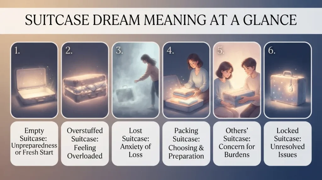 Infographic of six suitcase dream meanings: an empty suitcase is unpreparedness or a fresh start, an overstuffed suitcase is feeling overloaded, a lost suitcase is anxiety about loss, packing a suitcase is choosing and preparing, someone else's suitcase is concern for their burdens, and a locked suitcase is unresolved issues