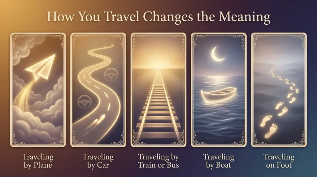 Infographic of five travel dream meanings by mode: traveling by plane, traveling by car, traveling by train or bus, traveling by boat, and traveling on foot