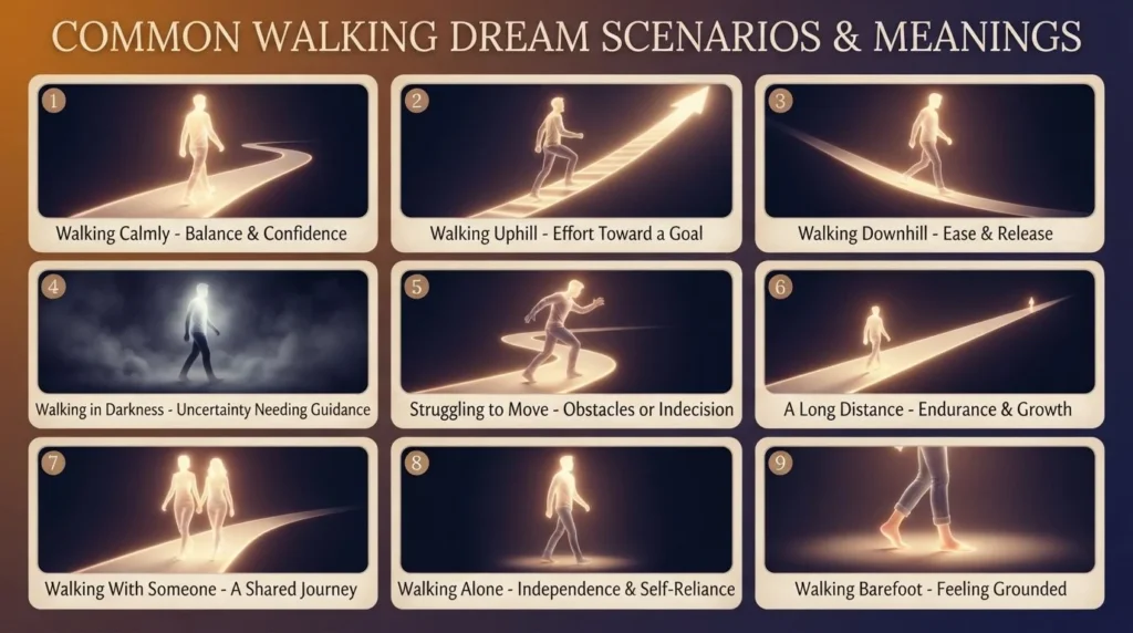 Infographic showing nine common walking dream scenarios and meanings: walking calmly, walking uphill, walking downhill, walking in darkness, struggling to move, a long distance, walking with someone, walking alone, and walking barefoot