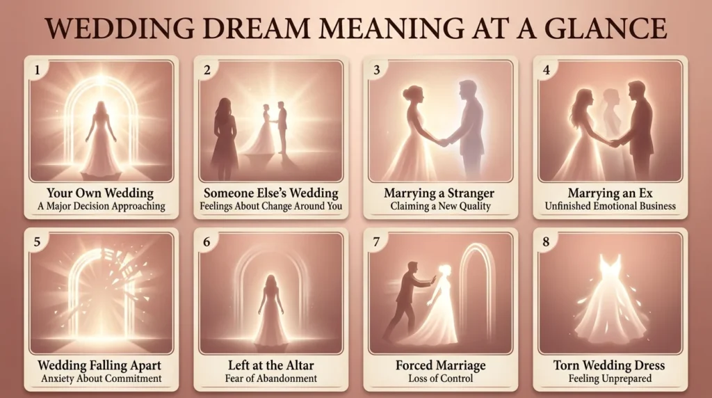 Infographic showing eight wedding dream scenarios and meanings: your own wedding, someone else's wedding, marrying a stranger, marrying an ex, the wedding falling apart, being left at the altar, a forced marriage, and a torn wedding dress