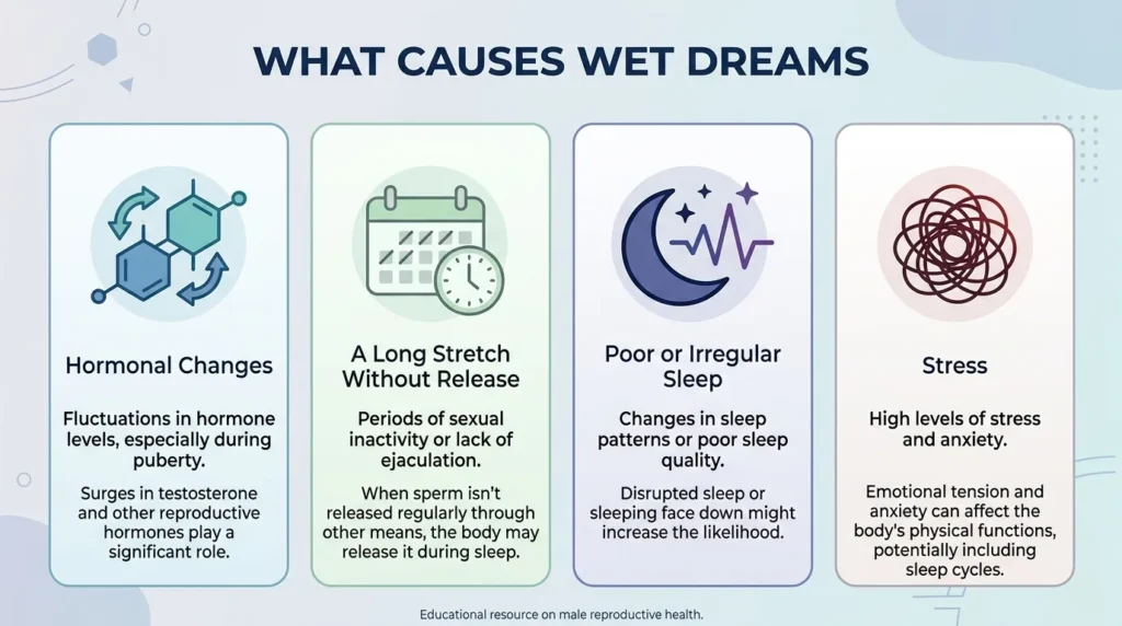 Infographic showing four causes of wet dreams: hormonal changes, a long stretch without release, poor or irregular sleep, and stress