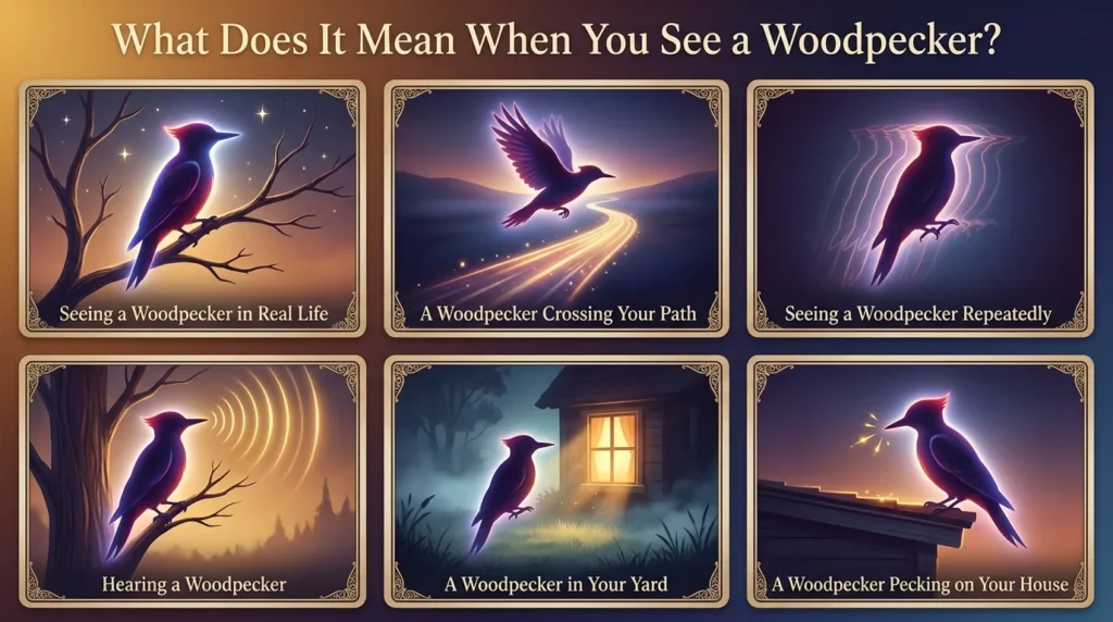 Infographic of six woodpecker sighting meanings: seeing a woodpecker in real life, a woodpecker crossing your path, seeing a woodpecker repeatedly, hearing a woodpecker, a woodpecker in your yard, and a woodpecker pecking on your house