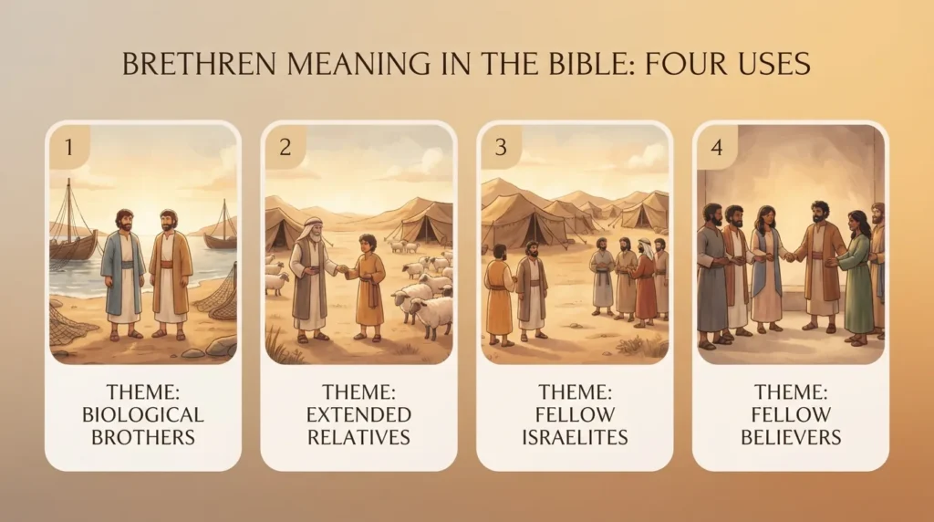 Infographic showing four uses of brethren in the Bible: biological brothers by the sea, extended relatives with sheep, fellow Israelites in the desert, and fellow believers in Christ shaking hands