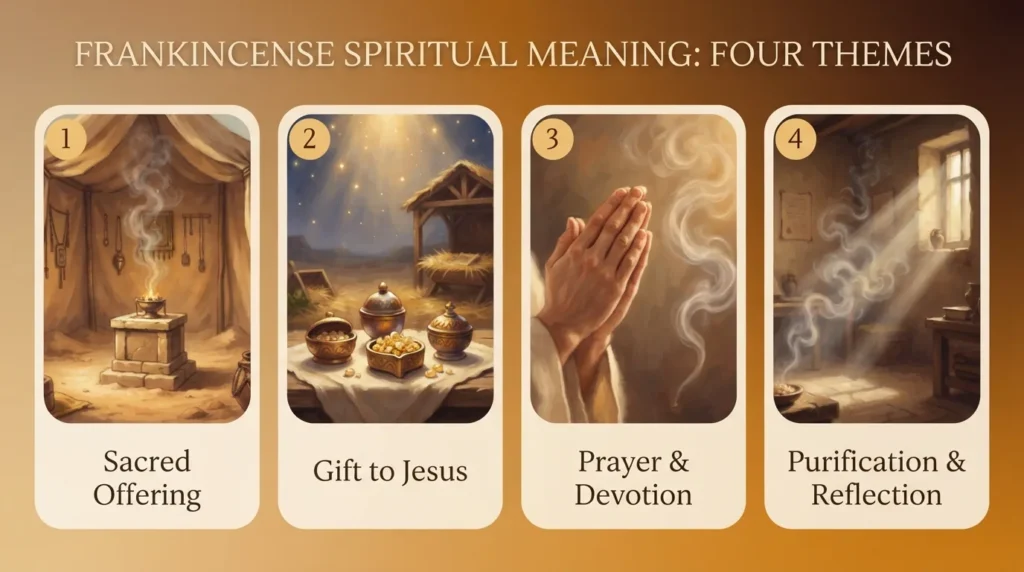Infographic showing four themes of frankincense spiritual meaning: sacred offering burned at an altar, gift to Jesus brought by the Magi, prayer and devotion shown through praying hands with rising smoke, and purification and reflection in a sunlit room