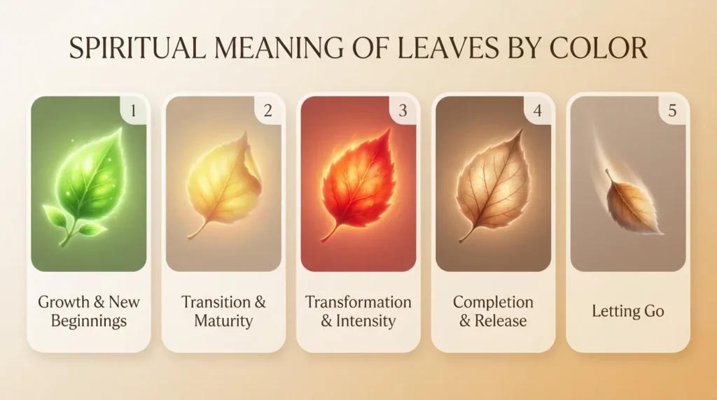 Infographic showing the spiritual meaning of leaves by color: green for growth and new beginnings, yellow for transition and maturity, red for transformation and intensity, brown for completion and release, and a falling leaf for letting go
