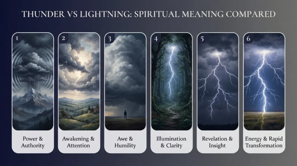 Infographic comparing thunder and lightning spiritual meaning across six panels: power and authority, awakening and attention, awe and humility, illumination and clarity, revelation and insight, and energy and rapid transformation